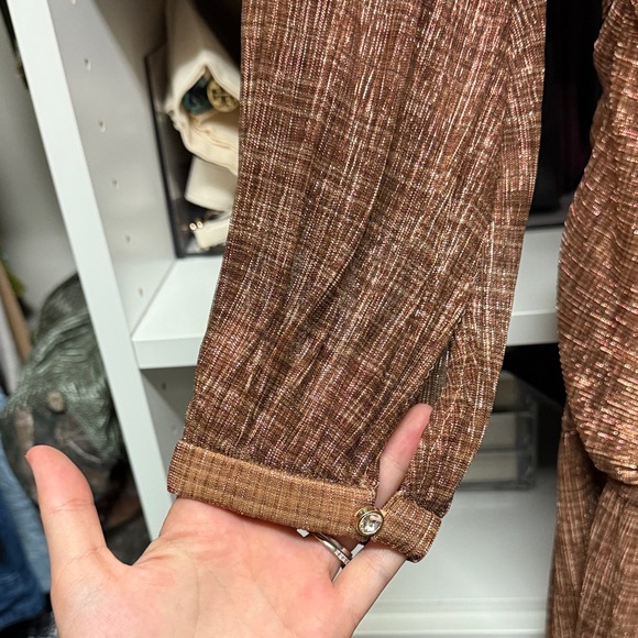 Gianni Bini Hazel Metallic Chiffon V-Neck Long Sleeve Cut Out Dress - Picture 5 of 8